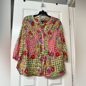 Talbots Colorful 100% Cotton 3/4 Sleeve LP Blouse, Pink/Yellow/Green/Blue